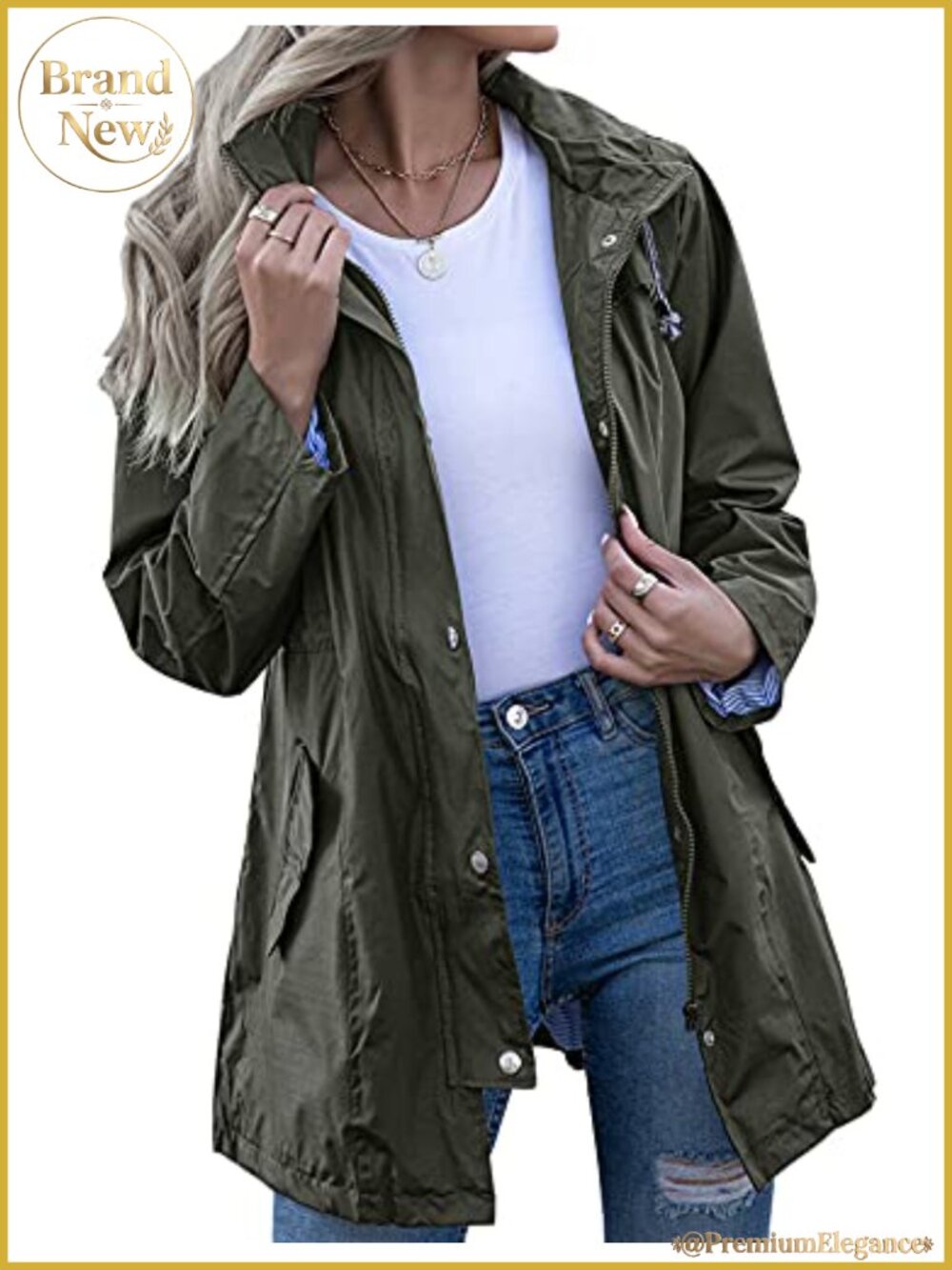 Waterproof Hooded Striped Lined Rain Jacket Lightweight Windbreaker